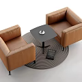 Stylish Brown Leather Armchairs With Black Coffee Table On Round Striped Rug For Living Room