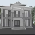 Modern Detached Villa Exterior With White Walls Gray Accents Balcony Porch And Greenery
