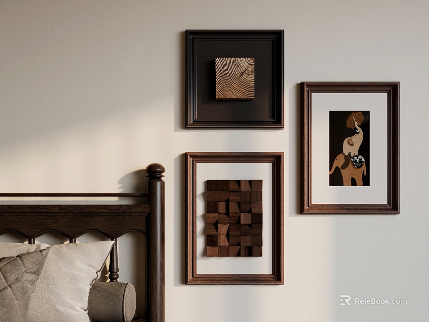 Warm Bedroom Photo Wall Decor With Three Framed Artworks And Wooden Bedhead And Soft Pillows 3d model 