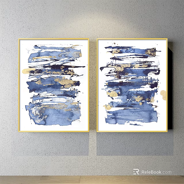 Blue And Gold Abstract Paintings With Brushstrokes In Golden Frames 3d model 