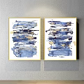 Blue And Gold Abstract Paintings With Brushstrokes In Golden Frames