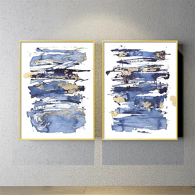 Blue And Gold Abstract Paintings With Brushstrokes In Golden Frames 3d model