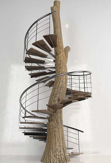 Spiral Staircase With Wooden Tree Trunk Support And Metal Railing Modern Natural Design 3d model 