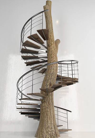 Spiral Staircase With Wooden Tree Trunk Support And Metal Railing Modern Natural Design 3d model
