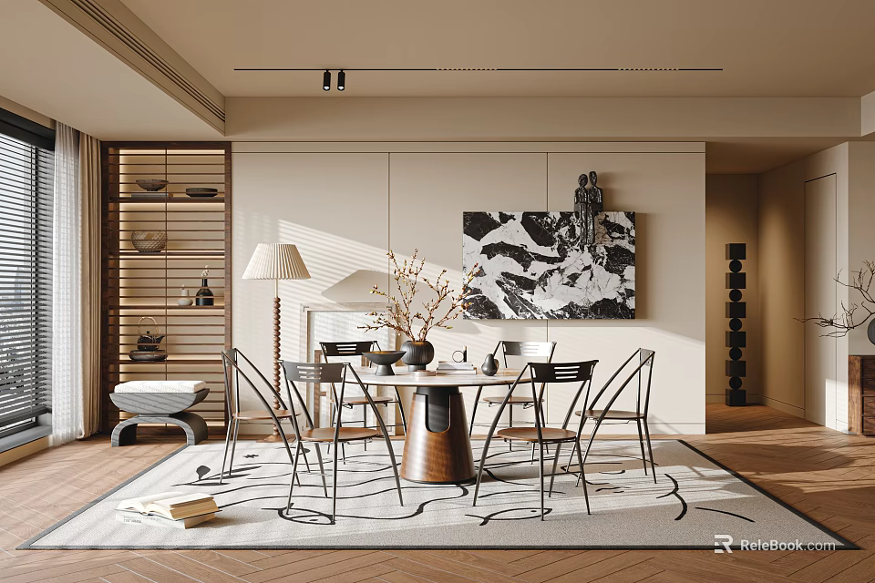 Modern Restaurant Interior With Round Dining Table Metal Chairs Abstract Wall Art And Pendant Lights 3d model 
