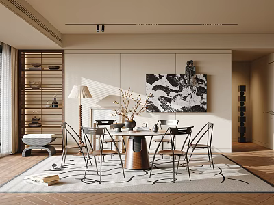 Modern Restaurant Interior With Round Dining Table Metal Chairs Abstract Wall Art And Pendant Lights 3d model