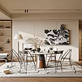 Modern Restaurant Interior With Round Dining Table Metal Chairs Abstract Wall Art And Pendant Lights