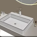Minimalist Bathroom Countertop With White Square Sink Silver Faucet Round Mirror And Aromatherapy Items