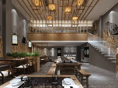 Traditional Chinese Hotpot Restaurant Interior With Wooden Lattice Lanterns Staircase And Dining Tables 3d model