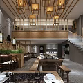 Traditional Chinese Hotpot Restaurant Interior With Wooden Lattice Lanterns Staircase And Dining Tables