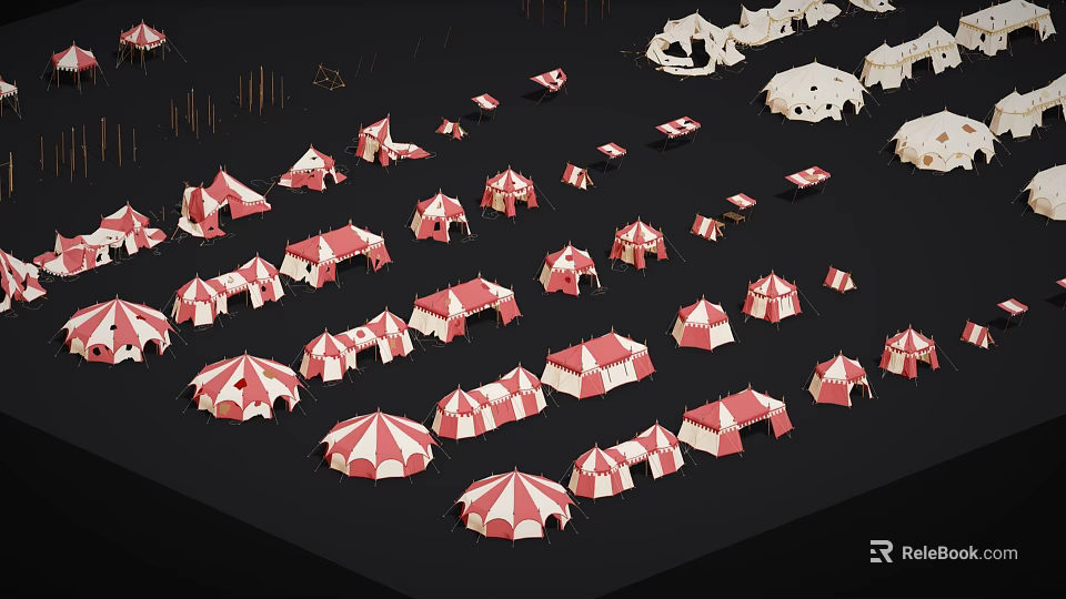 Multiple red and white tents arranged on black background with white structures nearby 3d model 