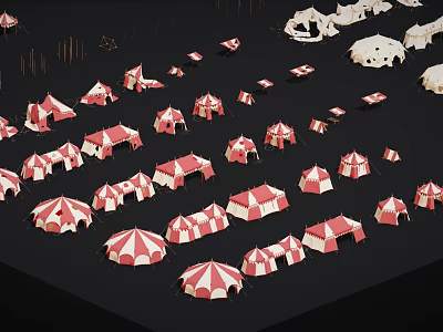 Multiple red and white tents arranged on black background with white structures nearby 3d model