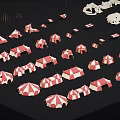 Multiple red and white tents arranged on black background with white structures nearby
