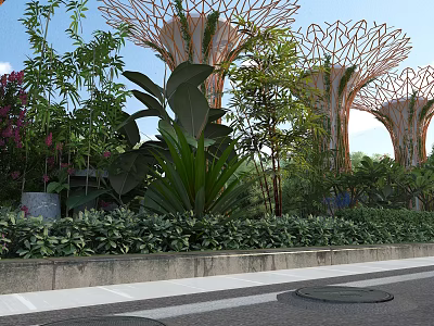 Lush Tropical Garden Landscape With Supertree Structures Greenery Flowers And Pathway 3d model
