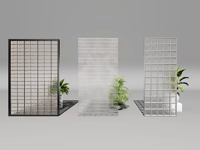 Modern Room Dividers With Grid Design Glass Block And Transparent Panels And Decorative Plants 3d model