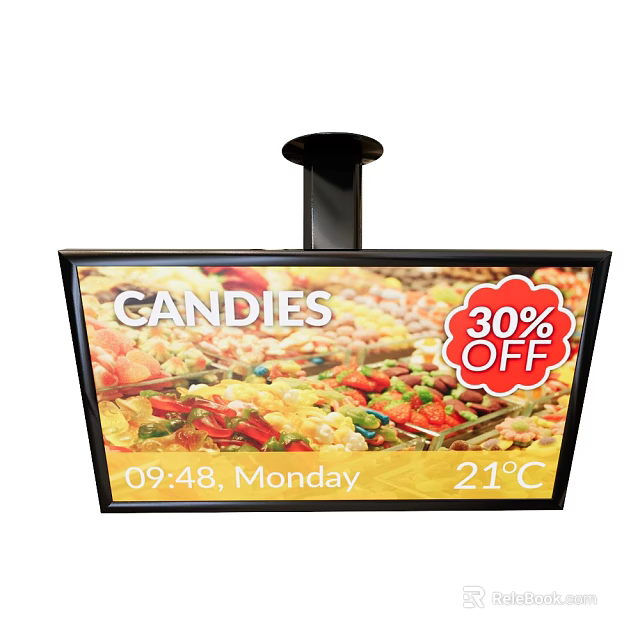 Digital Signage TV Displaying Candies 30% OFF Promotion with 0948 Monday Time And 21°C Temperature 3d model 