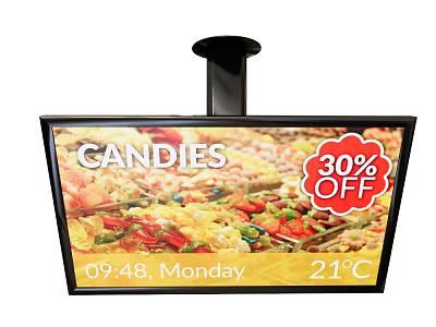Digital Signage TV Displaying Candies 30% OFF Promotion with 0948 Monday Time And 21°C Temperature 3d model