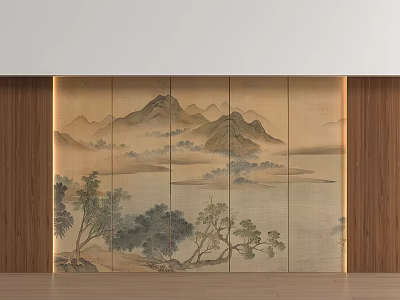 New Chinese style hard bag mural background hard bag wall panel landscape painting background wall 3d model