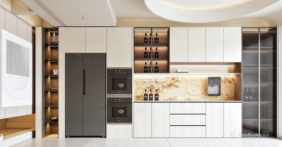 Modern Kitchen Sideboard With White Cabinets Wine Racks And Marble Countertop Storage 3d model 