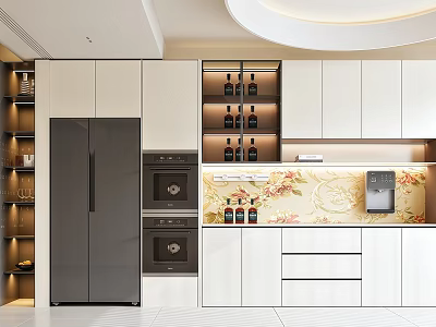 Modern Kitchen Sideboard With White Cabinets Wine Racks And Marble Countertop Storage 3d model