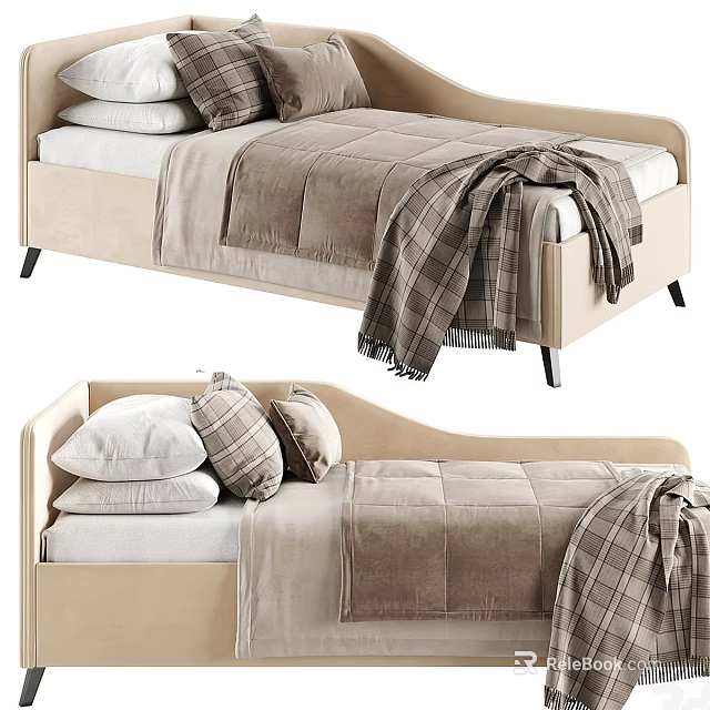 Cozy Kids Bed With Soft Pillows And Plaid Blanket On Beige Frame 3d model 
