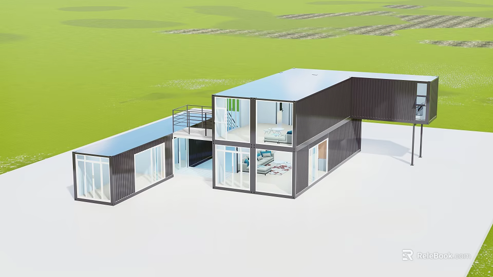 Modern Container Building With Modular Structure And Glass Windows In Green Field 3d model 