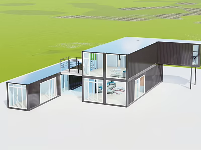Modern Container Building With Modular Structure And Glass Windows In Green Field 3d model