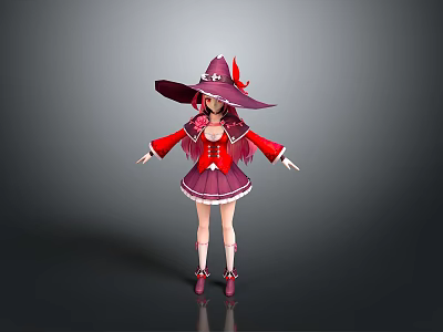 Anime Style Magical Witch Character In Red Purple Frilled Dress With Large Hat And Shoes 3d model