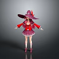 Anime Style Magical Witch Character In Red Purple Frilled Dress With Large Hat And Shoes