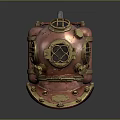 Vintage Copper Diving Helmet With Round Glass Windows And Attached Air Tank