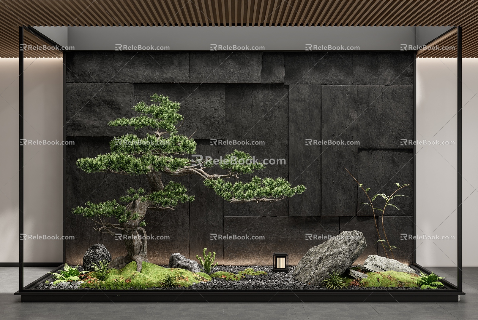 New Chinese style interior landscape landscaping courtyard sketch Mao stone wall stone pine patio model