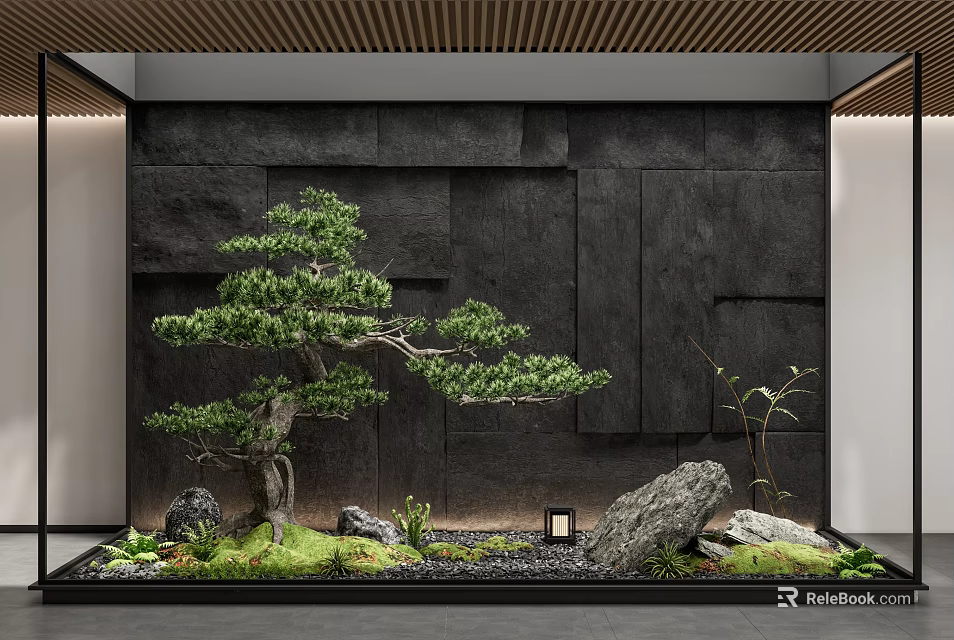 Serene Garden Landscape With Sculpted Pine Tree Black Wall And Mossy Stones 3d model 