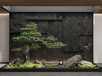 New Chinese style interior landscape landscaping courtyard sketch Mao stone wall stone pine patio model