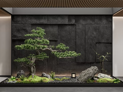 Serene Garden Landscape With Sculpted Pine Tree Black Wall And Mossy Stones 3d model