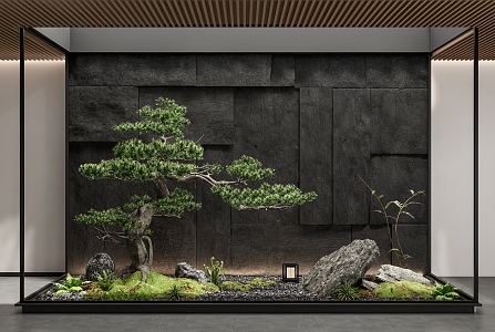 New Chinese style interior landscape landscaping courtyard sketch Mao stone wall stone pine patio 3d model