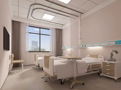 Modern Hospital Room Interior With Beds TV Window And Medical Equipment 3d model