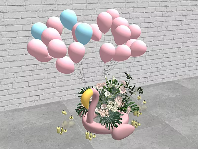 Pink Flamingo Inflatable With Pink And Light Blue Balloons Flower Bouquet And Golden Decorations 3d model