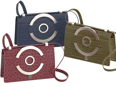Stylish Handbags in Navy Blue Green Burgundy with Silver Circular Hardware and Textured Leather Design 3d model