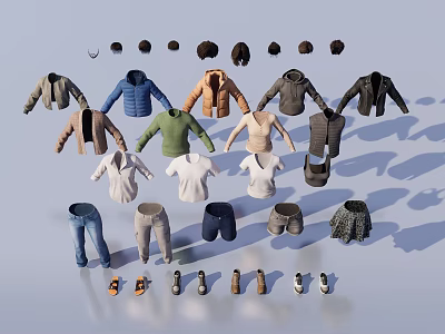 Different Types Of Clothes Featuring Coats Tops Pants Shoes And Hats 3d model