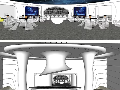 Modern Interior Public Area With White Seating Blue Screens And Dome Ceiling Design 3d model