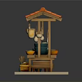 Traditional Market Stall Building With Red Tiled Roof Hanging Containers And Arranged Produce