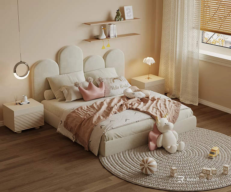 Double Bed with Cloud Shaped Headboard Pink Pillows Stuffed Unicorn on Wooden Floor Round Rug 3d model 