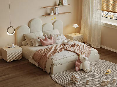 Double Bed with Cloud Shaped Headboard Pink Pillows Stuffed Unicorn on Wooden Floor Round Rug 3d model