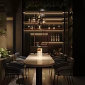 Modern Bar Interior Design With Decorative Tree Shelves Bottles Tables And Lighting