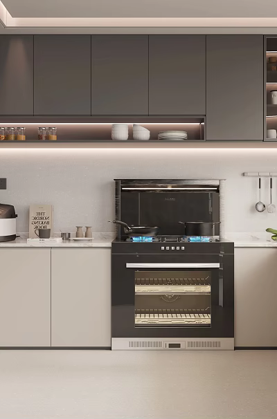 Modern Kitchen Interior With Gray Cabinets Stainless Steel Appliances And White Countertops 3d model