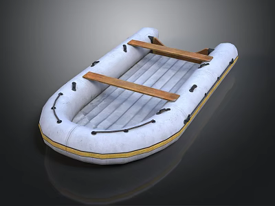 White Inflatable Boat With Yellow Trim And Wooden Support Seats Design 3d model