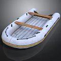 White Inflatable Boat With Yellow Trim And Wooden Support Seats Design