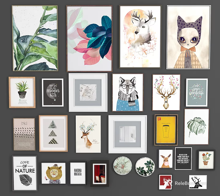 Stylish Photo Wall With Various Decorative Frames Art Prints Plants Animals And Geometric Patterns 3d model 