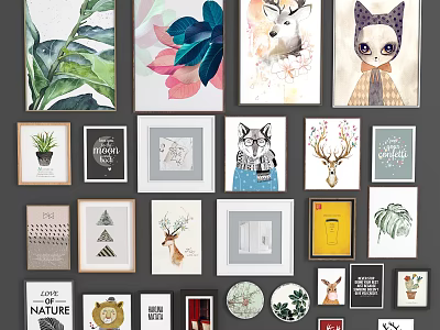 Stylish Photo Wall With Various Decorative Frames Art Prints Plants Animals And Geometric Patterns 3d model