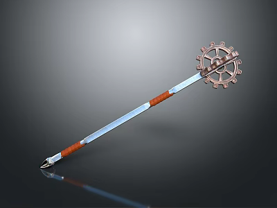 Ancient Gear Shaped Metal Equipment With Long Rod And Orange Wrap 3d model